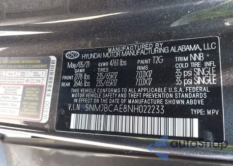 2022 Hyundai Tucson Sel из США, поврежденный, VIN 5NMJBCAE8NH022233